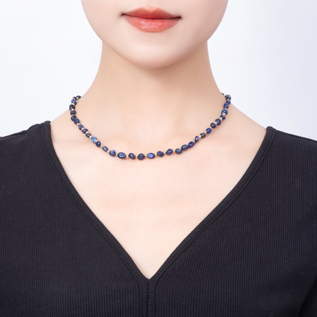 Stainless Steel 5mm Citrine, Lapis Lazuli, Onyx, Moss Agate Oval Pebble Bead Gemstone Chain 16 Inch Necklace | WA-00072 ~ WA-00076 - DLUXCA