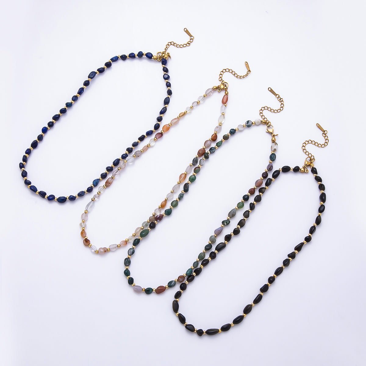 Stainless Steel 5mm Citrine, Lapis Lazuli, Onyx, Moss Agate Oval Pebble Bead Gemstone Chain 16 Inch Necklace | WA-00072 ~ WA-00076 - DLUXCA
