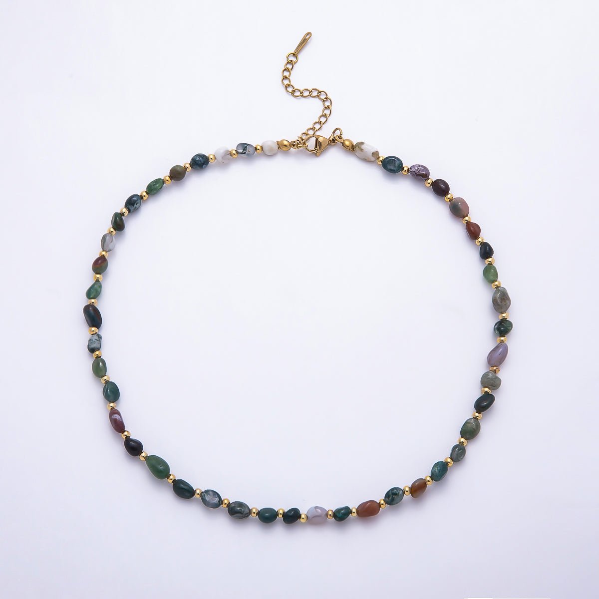 Stainless Steel 5mm Citrine, Lapis Lazuli, Onyx, Moss Agate Oval Pebble Bead Gemstone Chain 16 Inch Necklace | WA-00072 ~ WA-00076 - DLUXCA