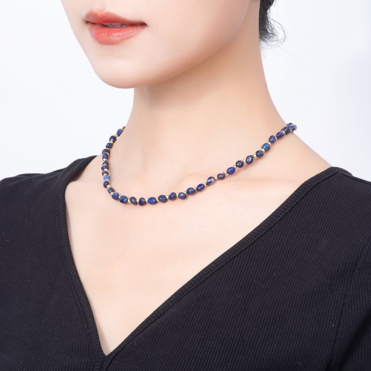 Stainless Steel 5mm Citrine, Lapis Lazuli, Onyx, Moss Agate Oval Pebble Bead Gemstone Chain 16 Inch Necklace | WA-00072 ~ WA-00076 - DLUXCA