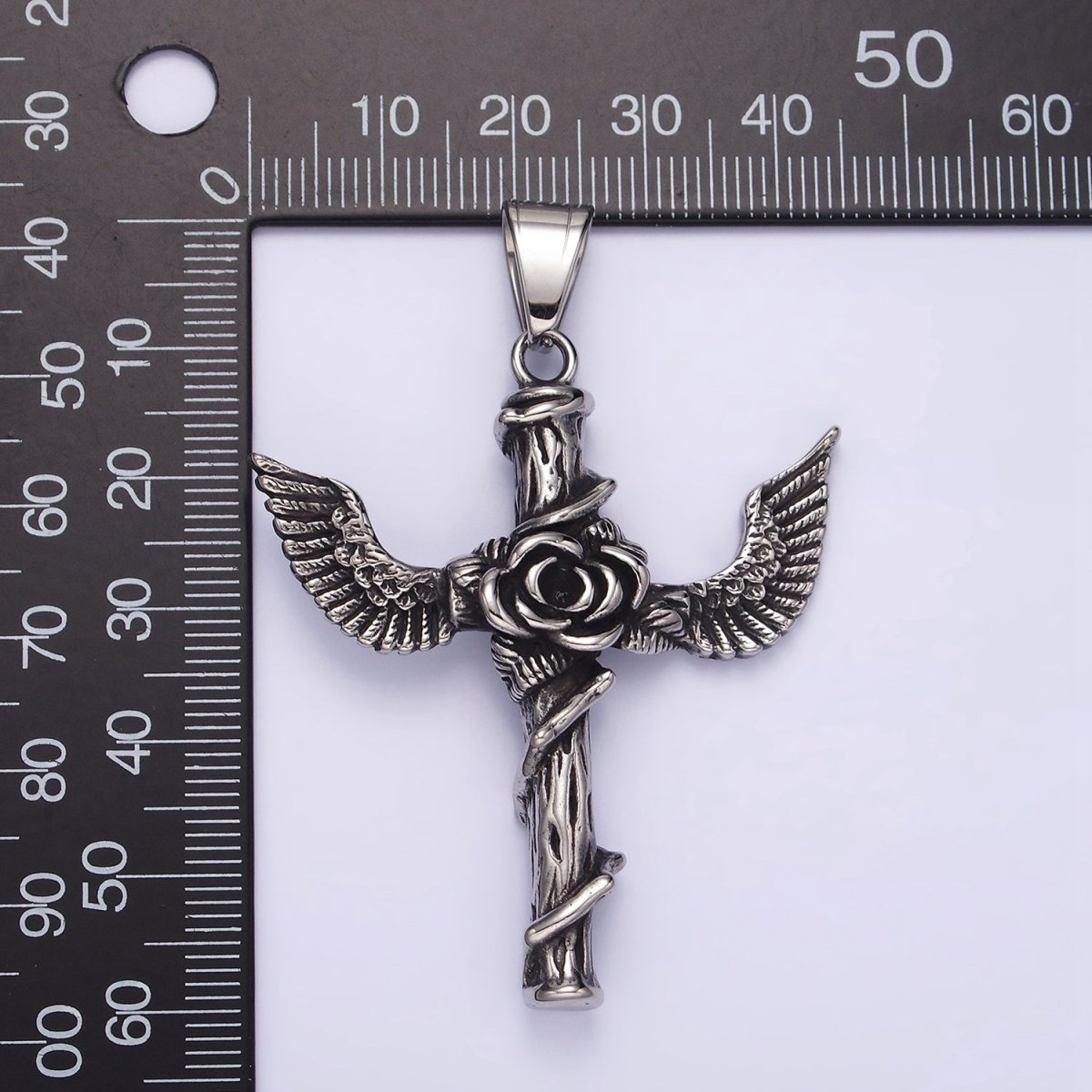 Stainless Steel 60mm Religious Cross Rose Flower Vine Wood Feather Wings Pendant | P - 776 - DLUXCA