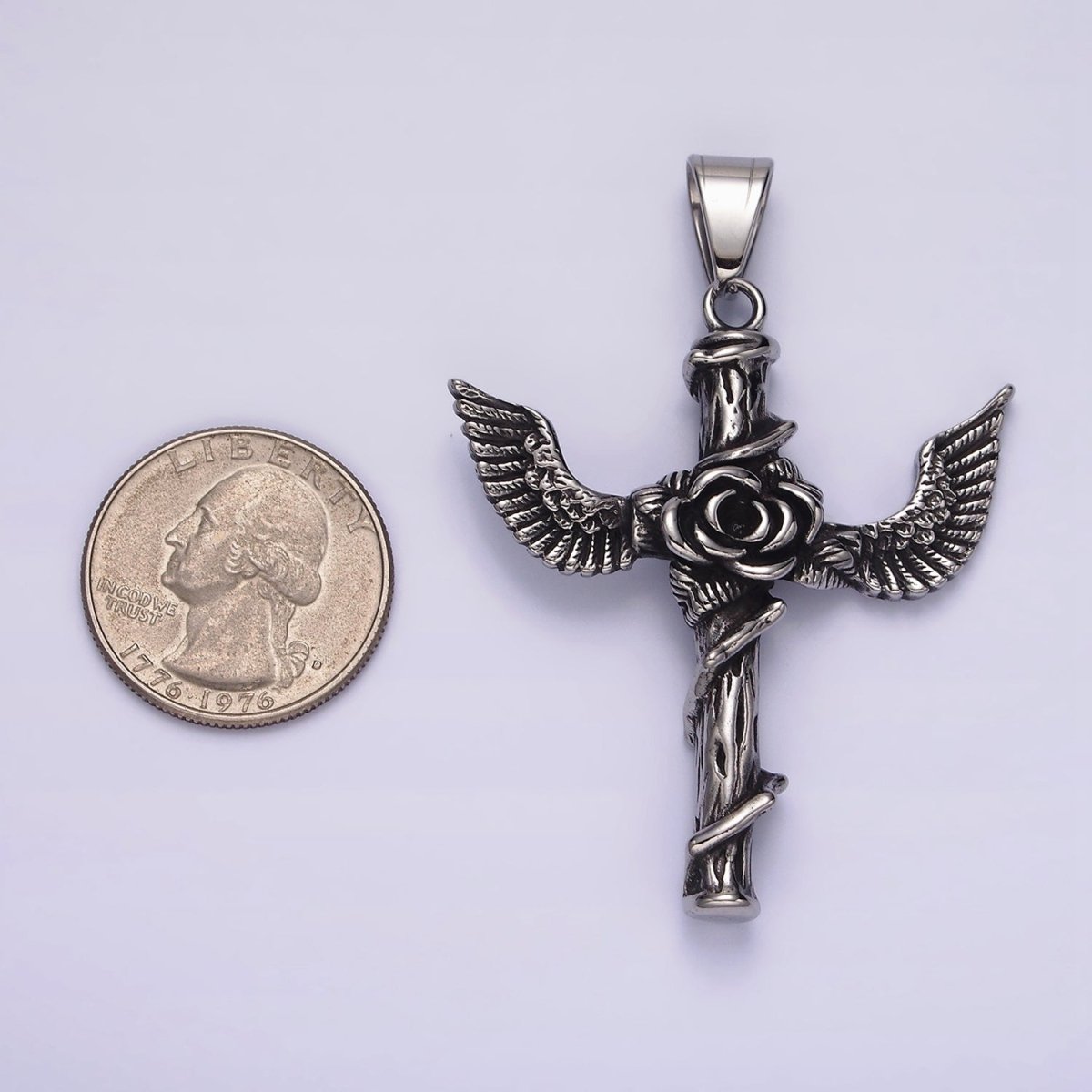 Stainless Steel 60mm Religious Cross Rose Flower Vine Wood Feather Wings Pendant | P - 776 - DLUXCA