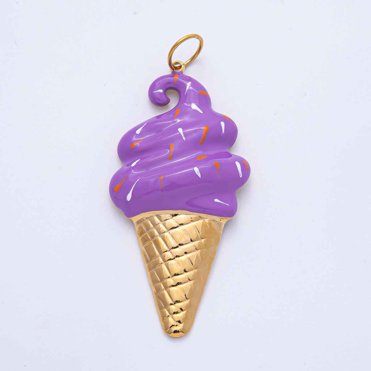 Stainless Steel 65mm Purple, White, Brown Enamel Sprinkle Ice Cream Cone Statement Charm | J848 J849 - DLUXCA
