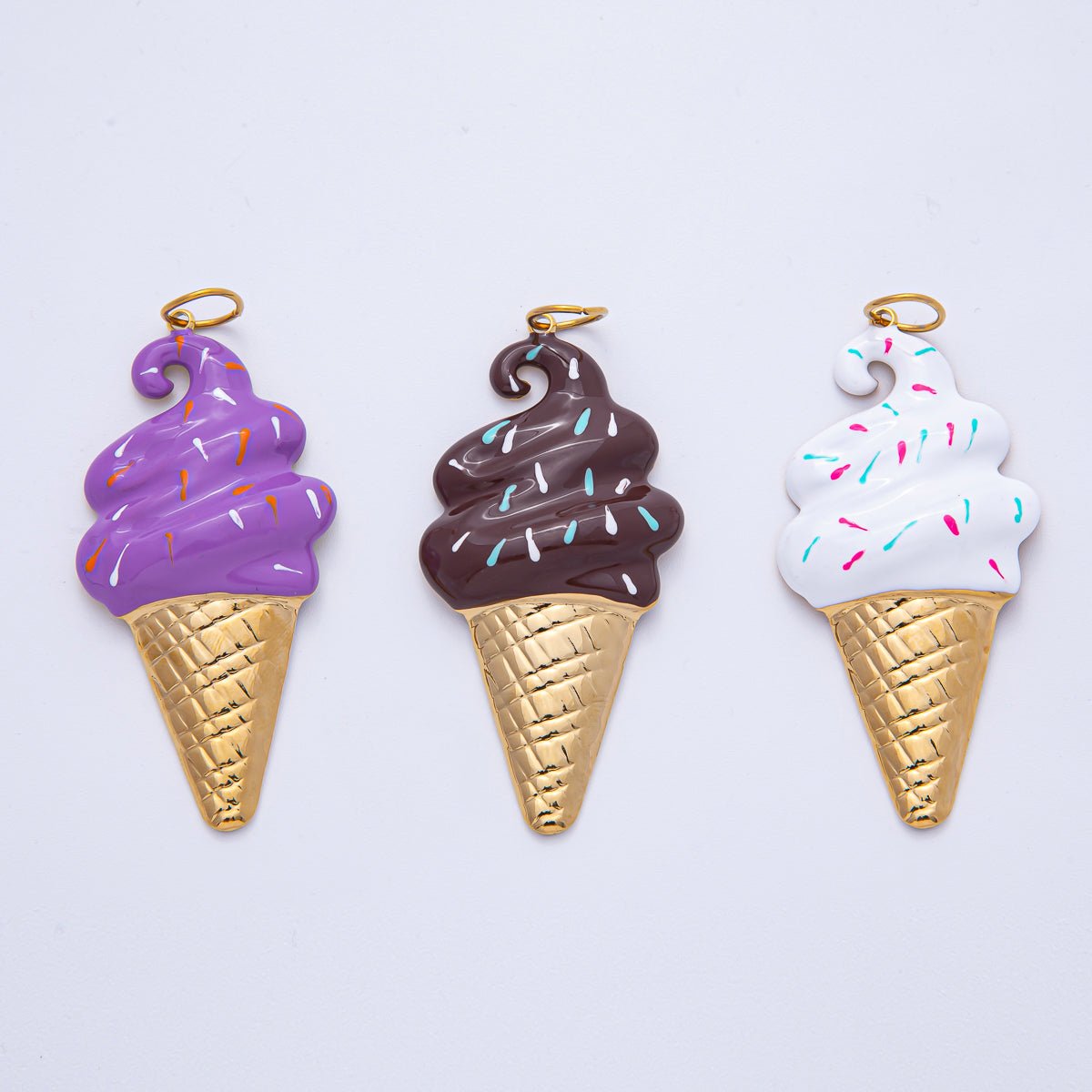 Stainless Steel 65mm Purple, White, Brown Enamel Sprinkle Ice Cream Cone Statement Charm | J848 J849 - DLUXCA