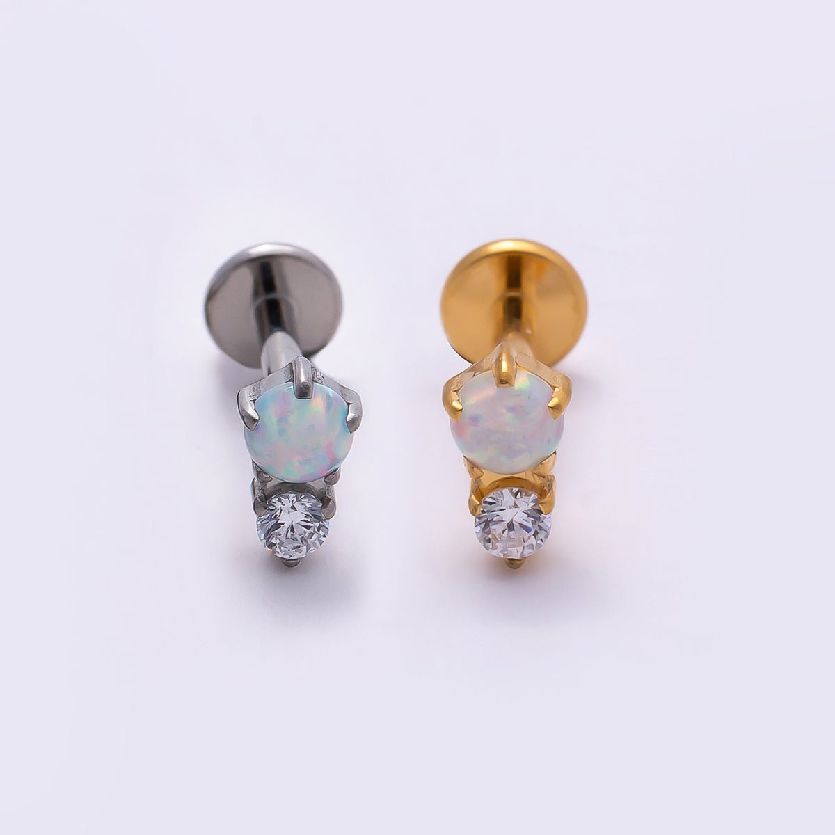 Stainless Steel 6mm White Opal Clear CZ Single Cartilage Piercing Flat Back Stud in Gold & Silver | Findings-00232 Findings-00233 - DLUXCA