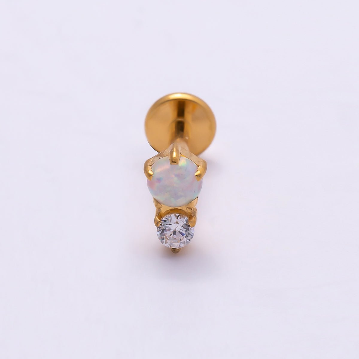 Stainless Steel 6mm White Opal Clear CZ Single Cartilage Piercing Flat Back Stud in Gold & Silver | Findings-00232 Findings-00233 - DLUXCA