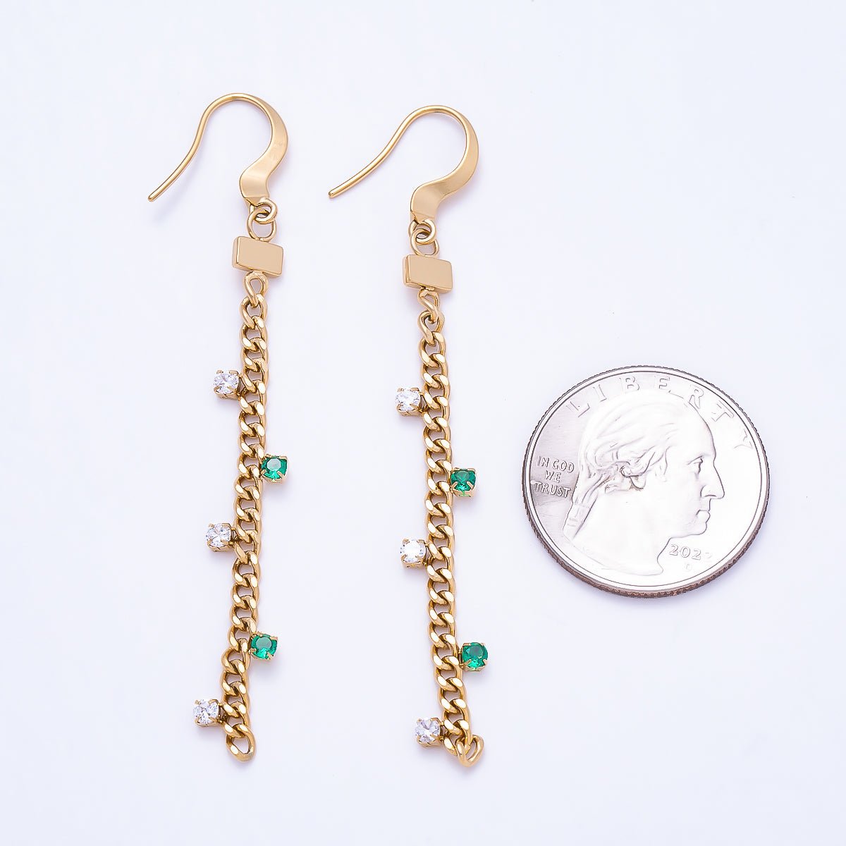 Stainless Steel 70mm Clear Green CZ Curb Chain Drop Fish Hook Earrings | Earrings-00755 - DLUXCA