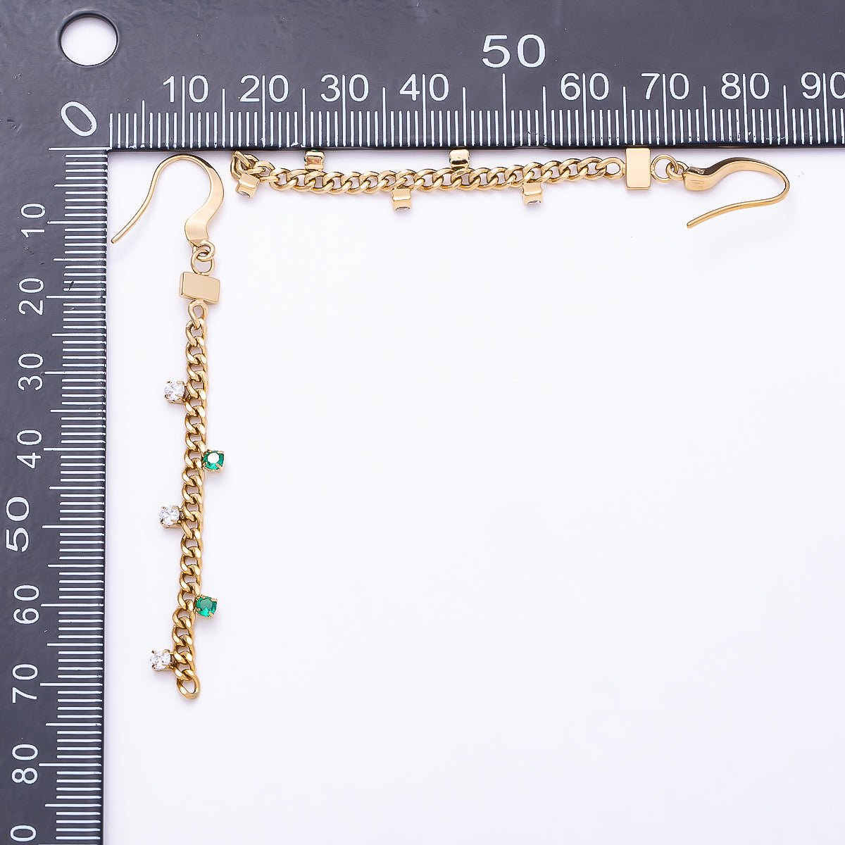 Stainless Steel 70mm Clear Green CZ Curb Chain Drop Fish Hook Earrings | Earrings-00755 - DLUXCA