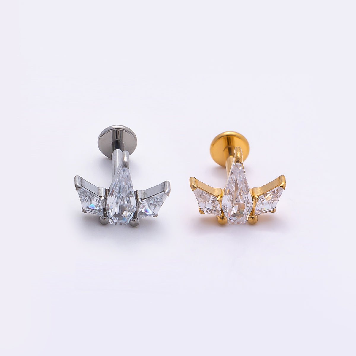Stainless Steel 7.5mm Clear CZ Geometric Mini Single Cartilage Piercing Flat Back Stud in Gold & Silver | Findings-00180 Findings-00181 - DLUXCA
