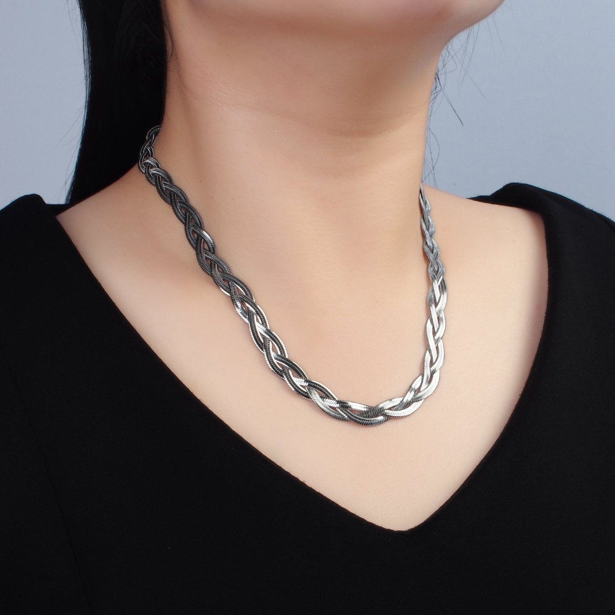 Stainless Steel 7.6mm Triple Herringbone Chain Necklace in Gold, Silver, Mixed Metal | WA - 2530 ~ WA - 2532 - DLUXCA