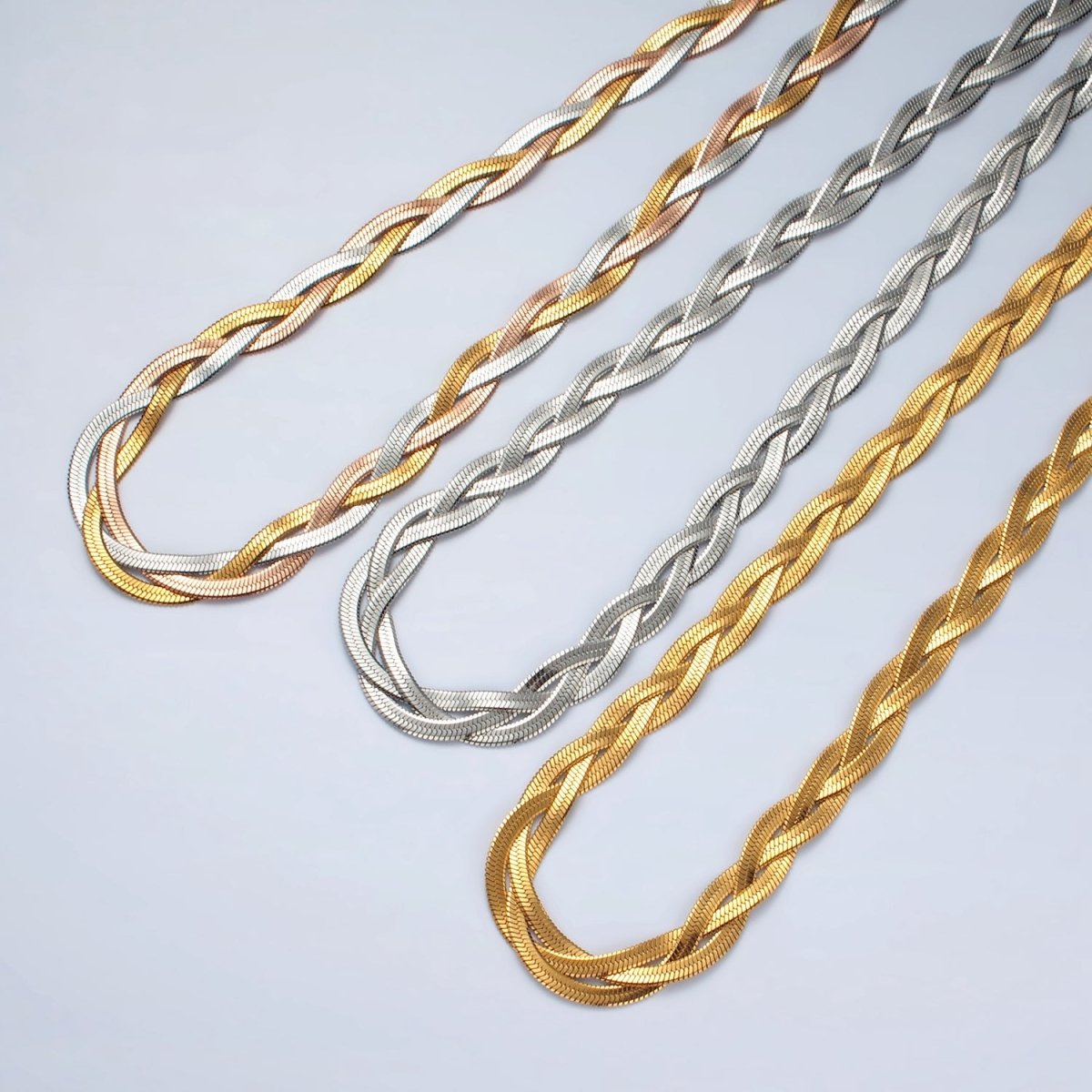 Stainless Steel 7.6mm Triple Herringbone Chain Necklace in Gold, Silver, Mixed Metal | WA - 2530 ~ WA - 2532 - DLUXCA