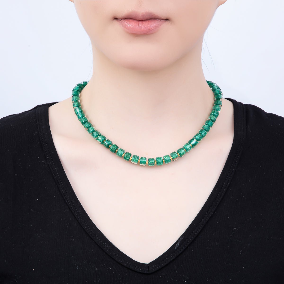 Stainless Steel 8mm Green, Purple, Multicolor, Blue, Purple, Pink, Orange, White Glitter Resin Rondelle Bead 16 Inch Necklace w. Extender | WA-04565 ~ WA-04572 - DLUXCA