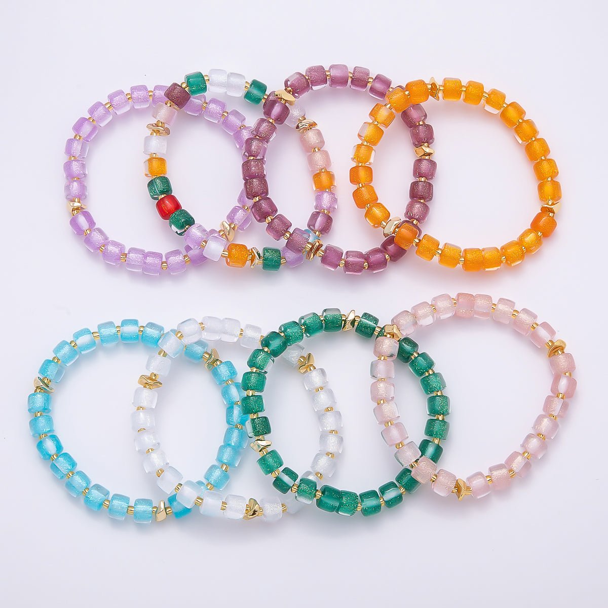 Stainless Steel 8mm Multicolor, Purple, Orange, Pink, Green, White, Blue Glitter Resin Rondelle Bead 7 Inch Stretch Bracelet | WA-04581 - WA-04588 - DLUXCA