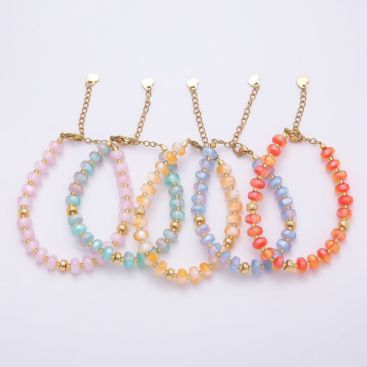 Stainless Steel 8mm Orange, Yellow, Blue, Green, Pink Glitter Rondelle Bead Resin 7 Inch Bracelet w. Extender | WA-04554 ~ WA-04558 - DLUXCA