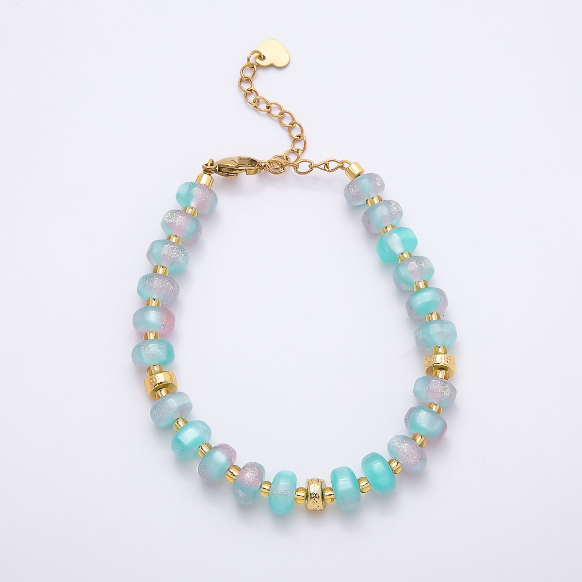Stainless Steel 8mm Orange, Yellow, Blue, Green, Pink Glitter Rondelle Bead Resin 7 Inch Bracelet w. Extender | WA-04554 ~ WA-04558 - DLUXCA