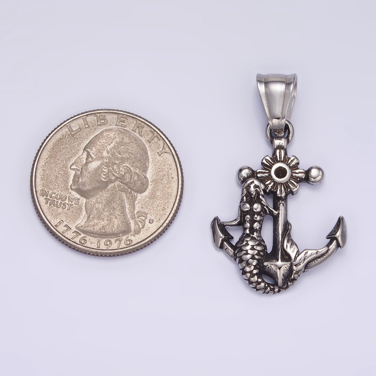 Stainless Steel Anchor Charms Mermaid Pendant in Silver | P1430 - DLUXCA