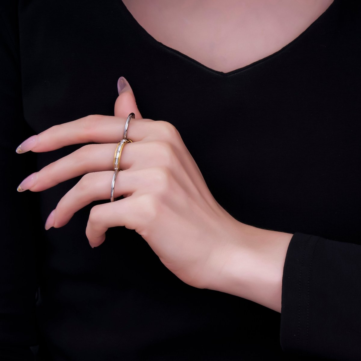 Stainless Steel Baguette CZ Three - in - One Center point Ring | O - 1446 - DLUXCA