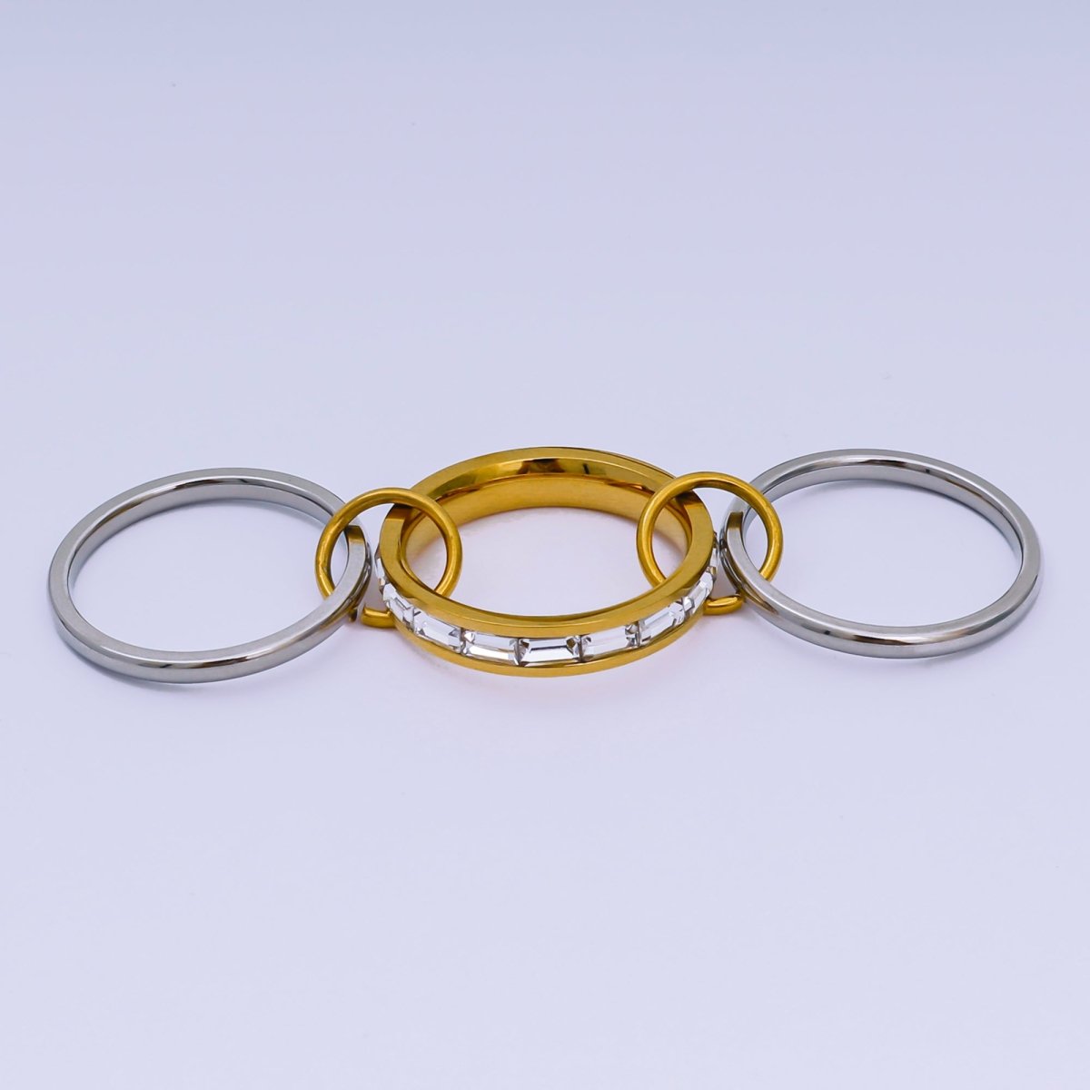 Stainless Steel Baguette CZ Three - in - One Center point Ring | O - 1446 - DLUXCA