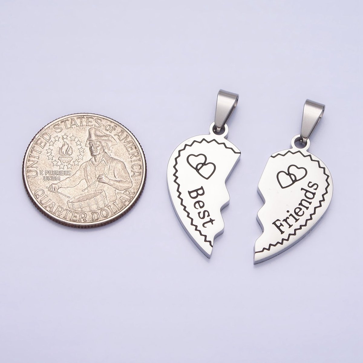 Stainless Steel "Best Friend" Script Engraved Hearts Silver Friendship Pendant Set | P - 1128 - DLUXCA