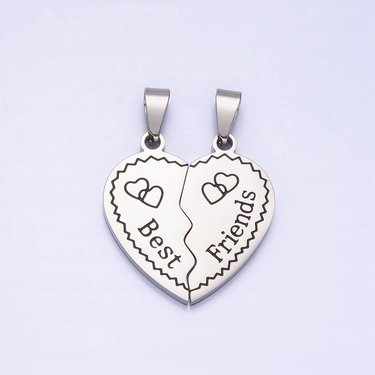 Stainless Steel "Best Friend" Script Engraved Hearts Silver Friendship Pendant Set | P - 1128 - DLUXCA