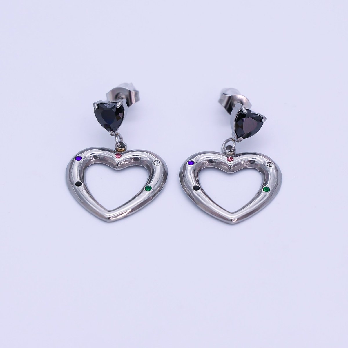 Stainless Steel Black CZ Multicolor Dotted Double Heart Drop Stud Earrings in Gold & Silver | AI533 AJ009 - DLUXCA