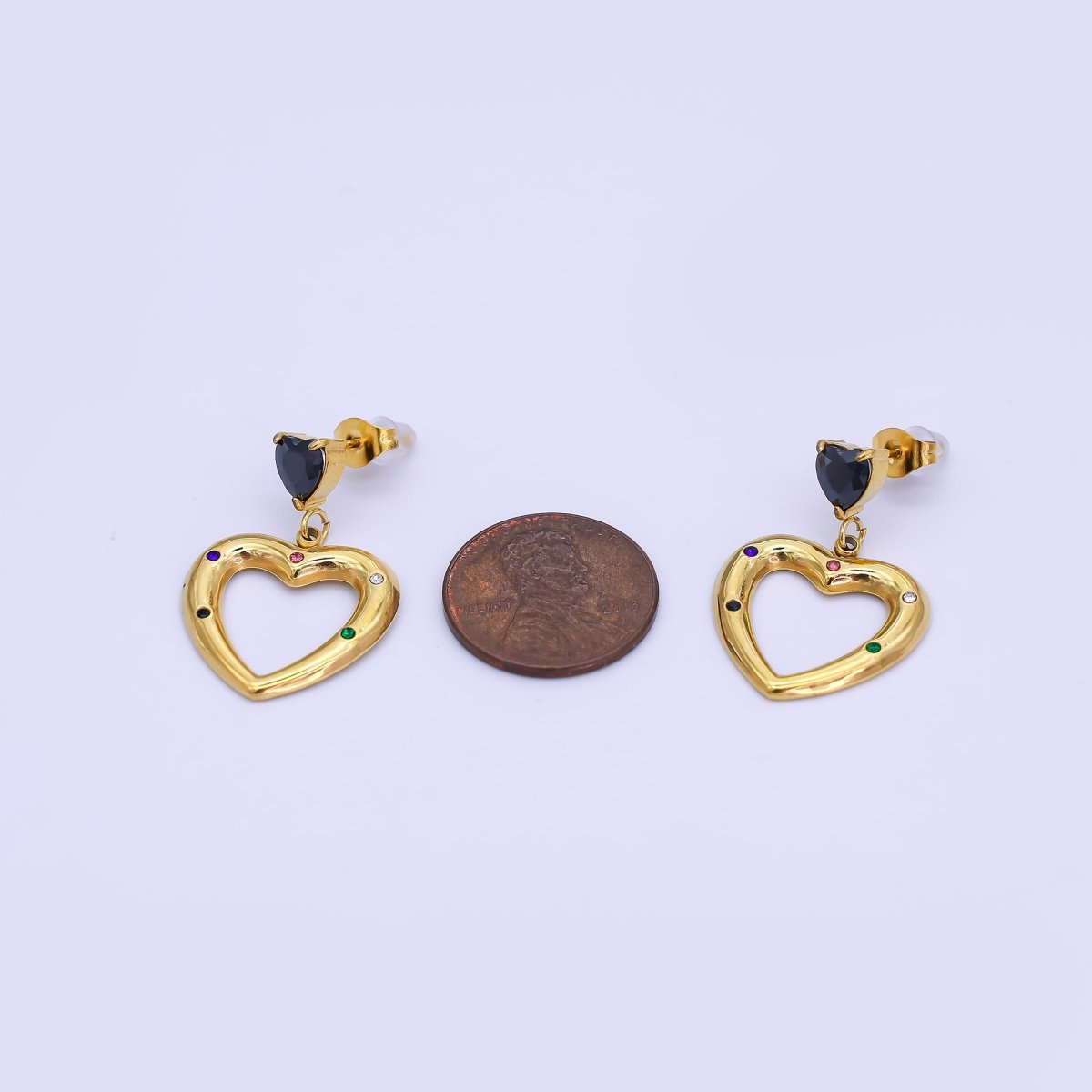 Stainless Steel Black CZ Multicolor Dotted Double Heart Drop Stud Earrings in Gold & Silver | AI533 AJ009 - DLUXCA