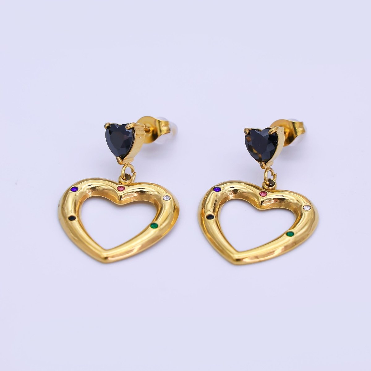 Stainless Steel Black CZ Multicolor Dotted Double Heart Drop Stud Earrings in Gold & Silver | AI533 AJ009 - DLUXCA