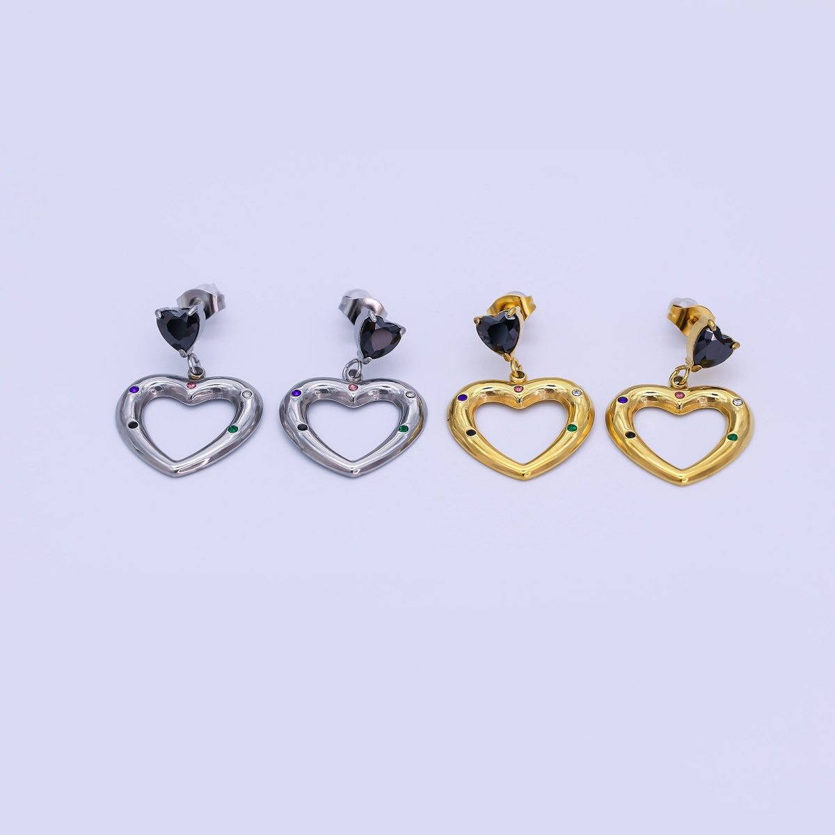Stainless Steel Black CZ Multicolor Dotted Double Heart Drop Stud Earrings in Gold & Silver | AI533 AJ009 - DLUXCA