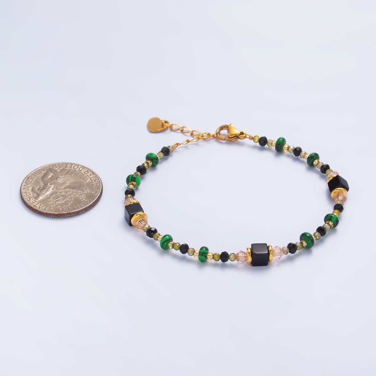 Stainless Steel Black Green Natural Gemstone 7 Inch Bracelet | WA - 3115 - DLUXCA