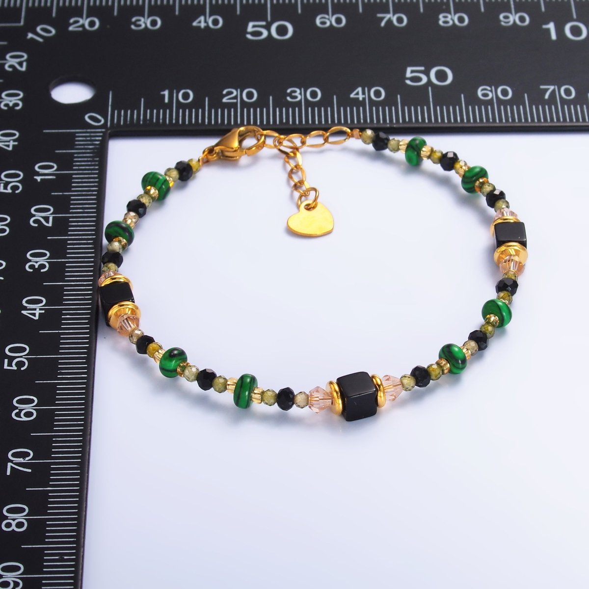 Stainless Steel Black Green Natural Gemstone 7 Inch Bracelet | WA - 3115 - DLUXCA