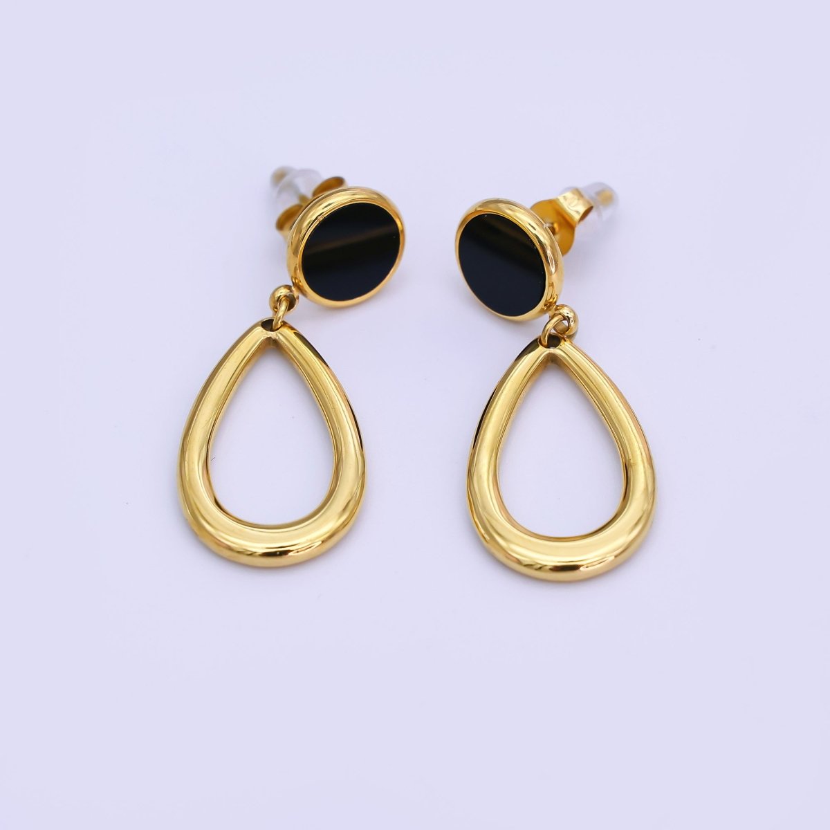 Stainless Steel Black Round Open Teardrop Drop Stud Earrings in Gold & Silver | AJ006 AJ007 - DLUXCA