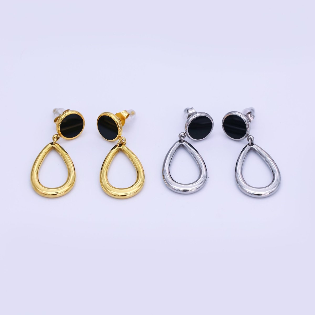Stainless Steel Black Round Open Teardrop Drop Stud Earrings in Gold & Silver | AJ006 AJ007 - DLUXCA