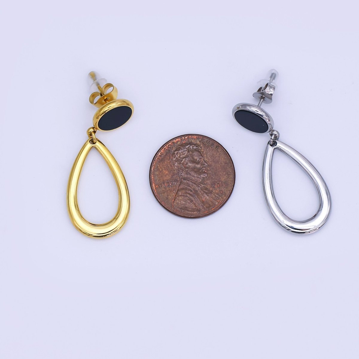Stainless Steel Black Round Open Teardrop Drop Stud Earrings in Gold & Silver | AJ006 AJ007 - DLUXCA