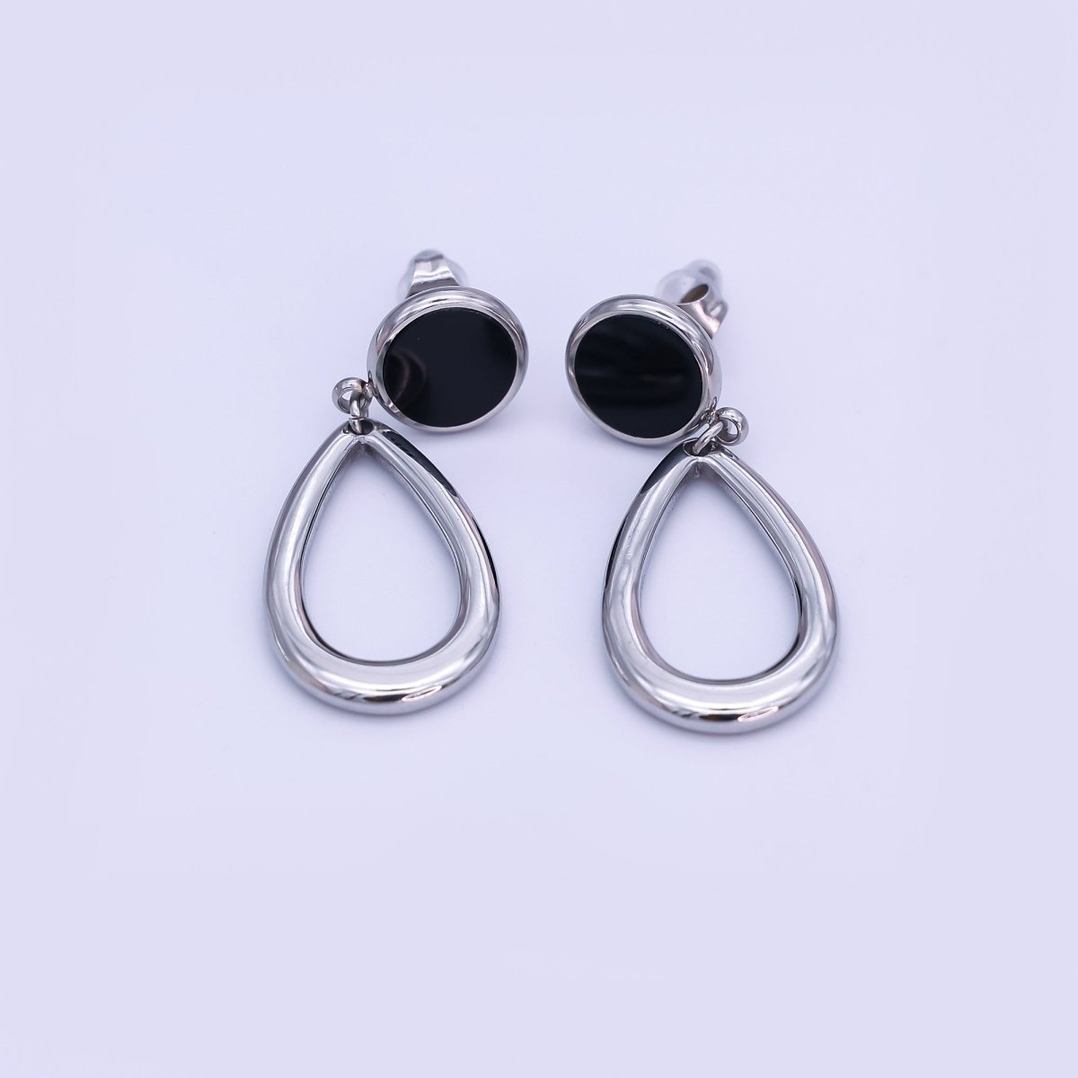 Stainless Steel Black Round Open Teardrop Drop Stud Earrings in Gold & Silver | AJ006 AJ007 - DLUXCA