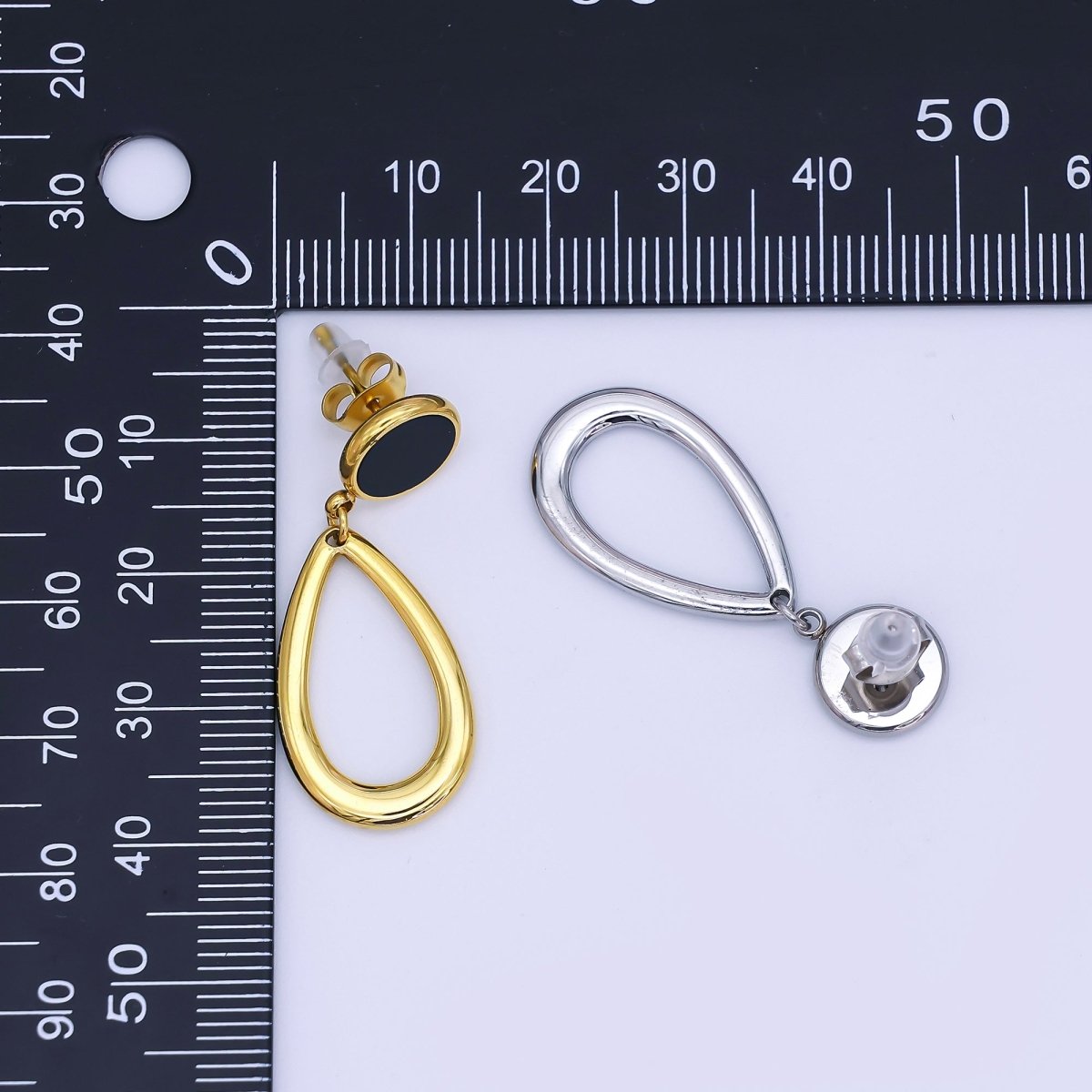 Stainless Steel Black Round Open Teardrop Drop Stud Earrings in Gold & Silver | AJ006 AJ007 - DLUXCA