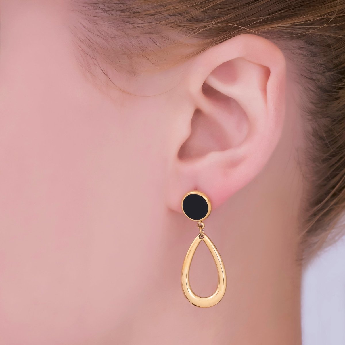 Stainless Steel Black Round Open Teardrop Drop Stud Earrings in Gold & Silver | AJ006 AJ007 - DLUXCA