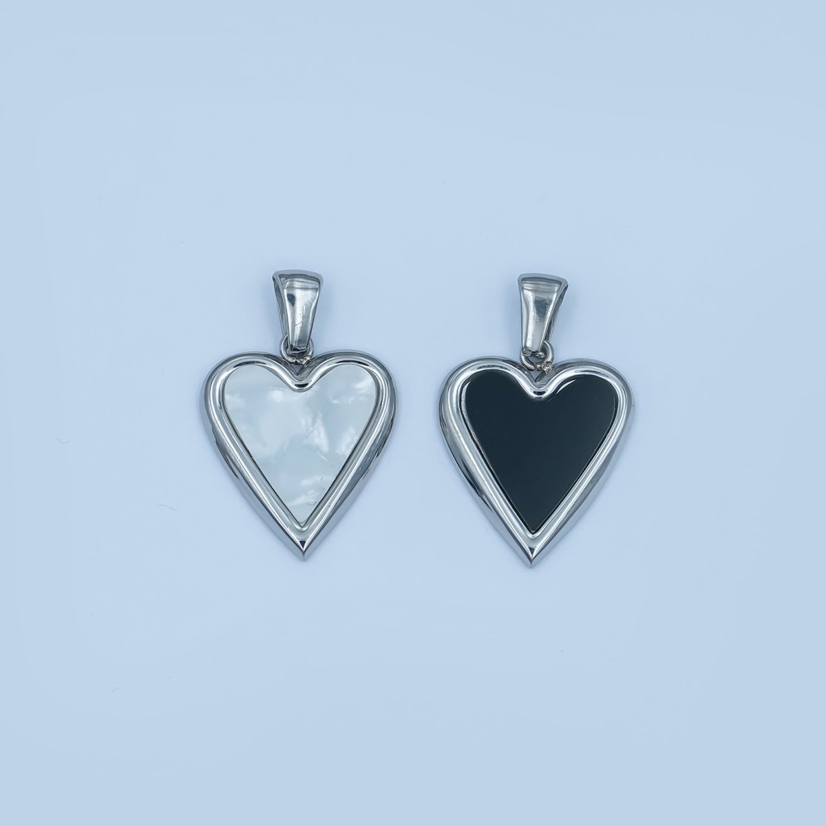 Stainless Steel Black, White Enamel Heart Bezel Pendant | P1420 - DLUXCA