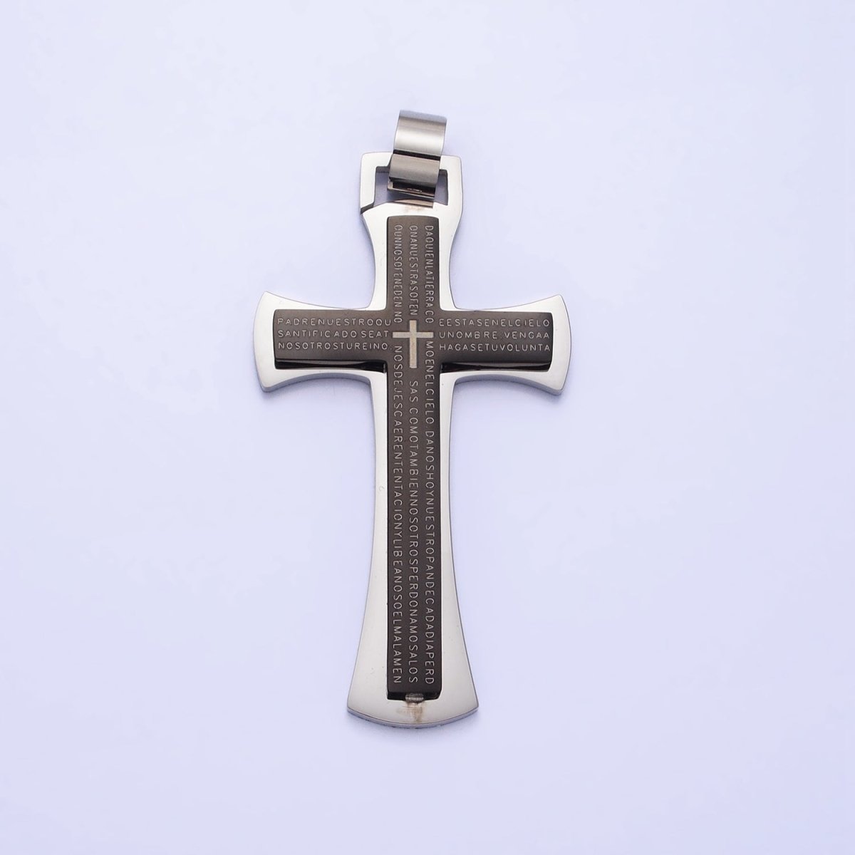 Stainless Steel Blue, Black, White Religious Curved Pattee Cross Lord's Prayer Engraved Script Pendant | P - 1152 - DLUXCA