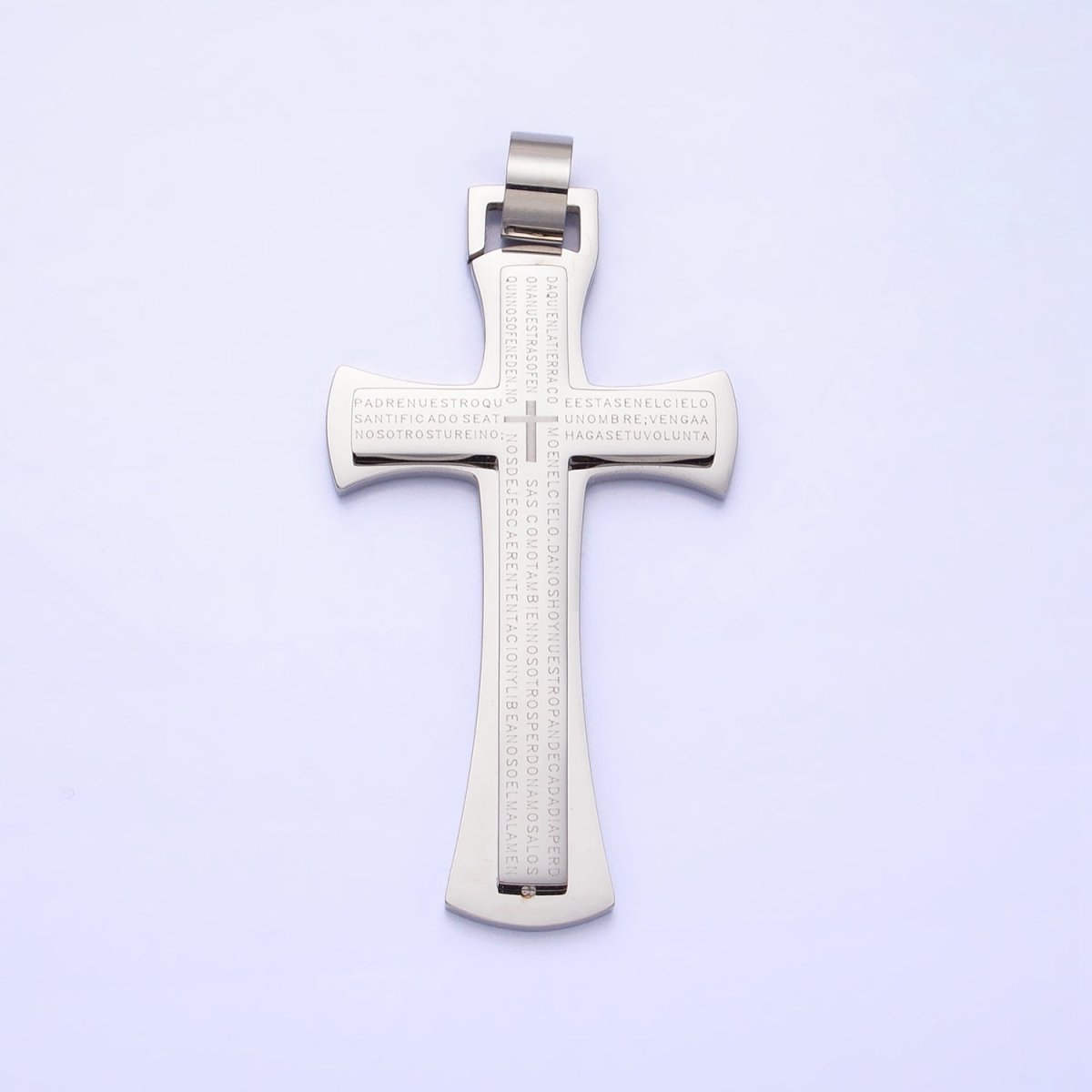 Stainless Steel Blue, Black, White Religious Curved Pattee Cross Lord's Prayer Engraved Script Pendant | P - 1152 - DLUXCA