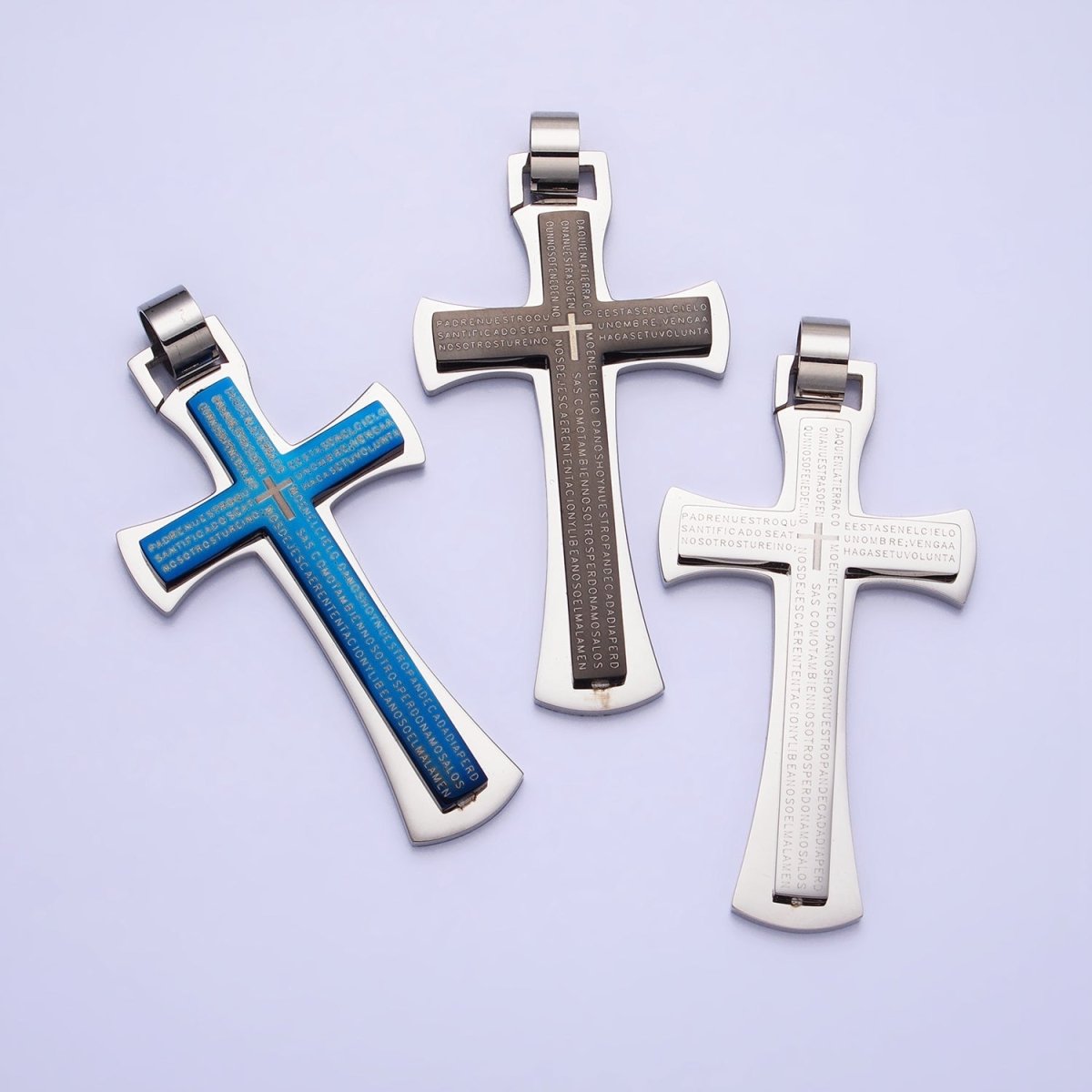 Stainless Steel Blue, Black, White Religious Curved Pattee Cross Lord's Prayer Engraved Script Pendant | P - 1152 - DLUXCA