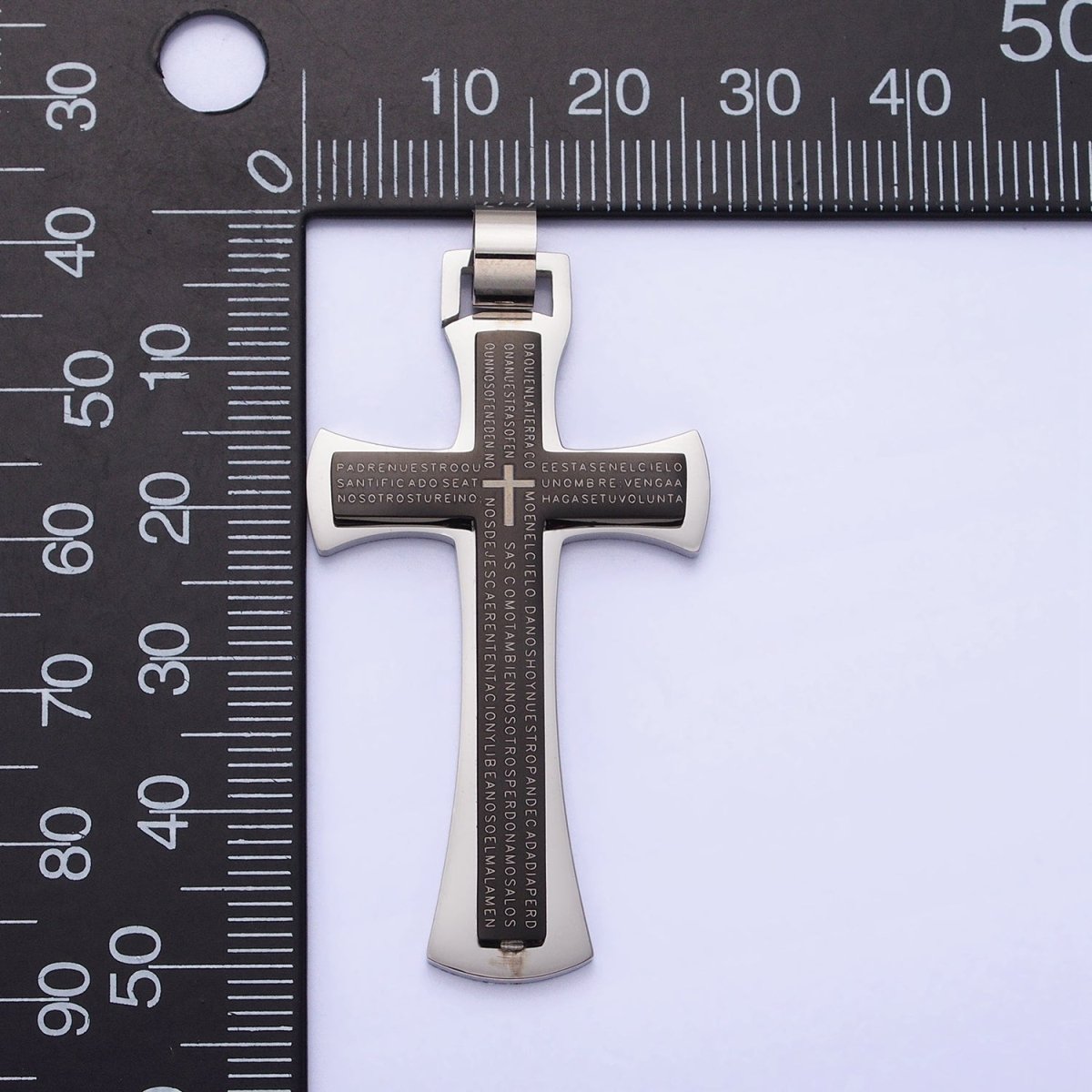 Stainless Steel Blue, Black, White Religious Curved Pattee Cross Lord's Prayer Engraved Script Pendant | P - 1152 - DLUXCA