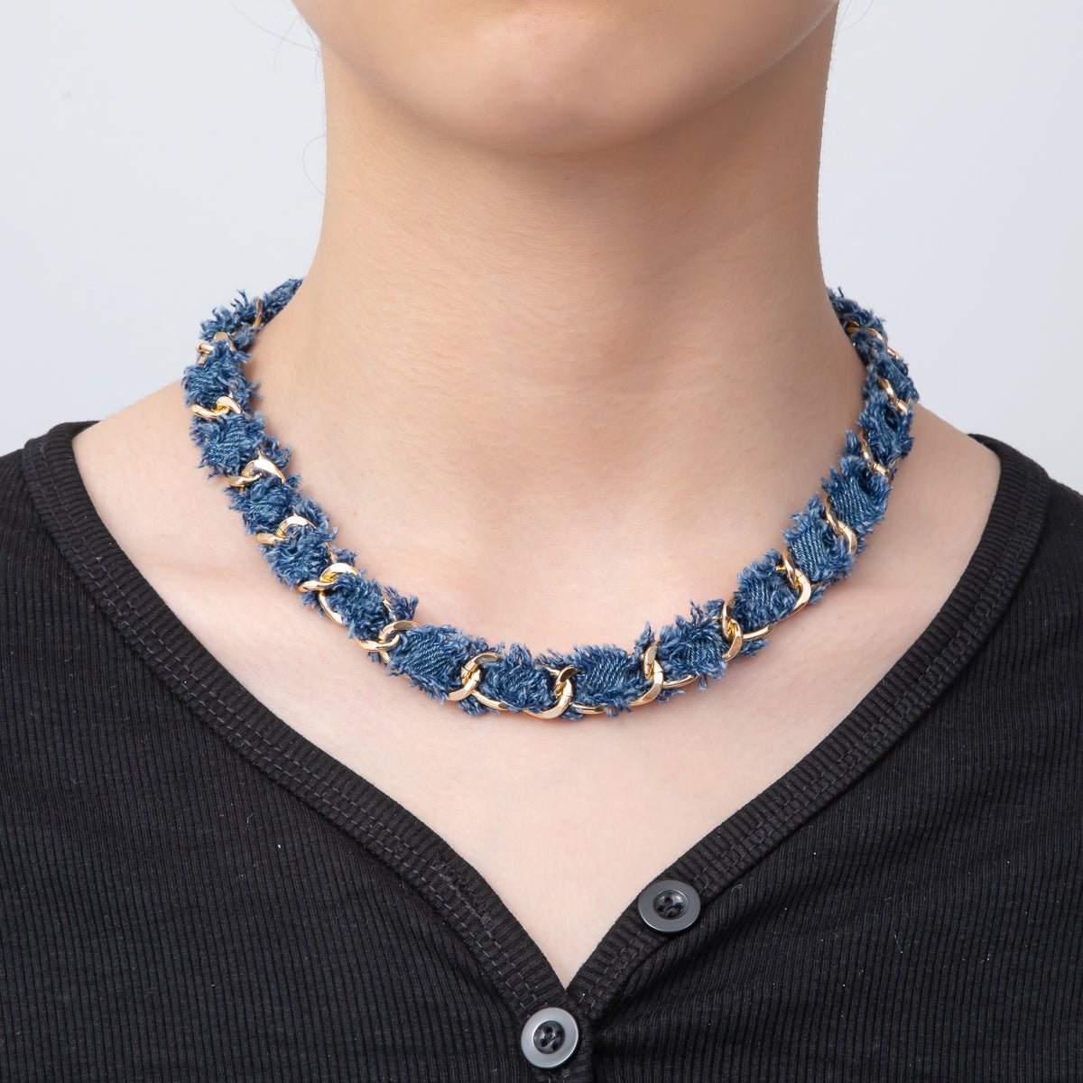 Stainless Steel Blue Denim 16 Inch Handmade Scarf Necklace w. Extender | WA - 3447 WA - 3448 - DLUXCA