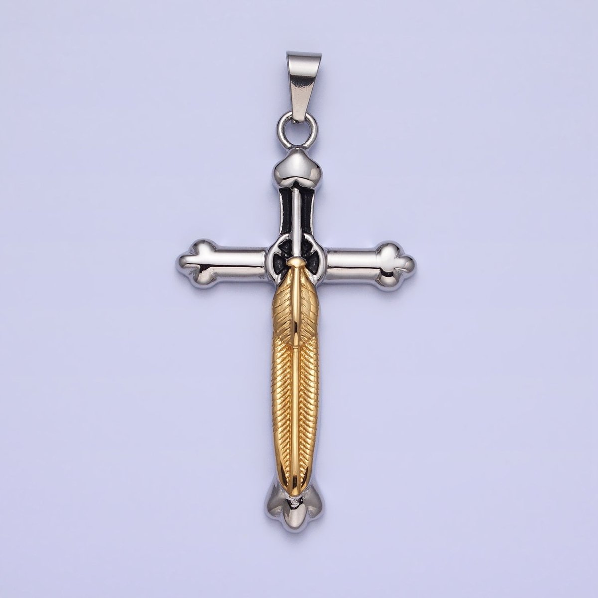 Stainless Steel Budded Buttony Feather 66mm Cross in Mixed Metal & Gold - DLUXCA