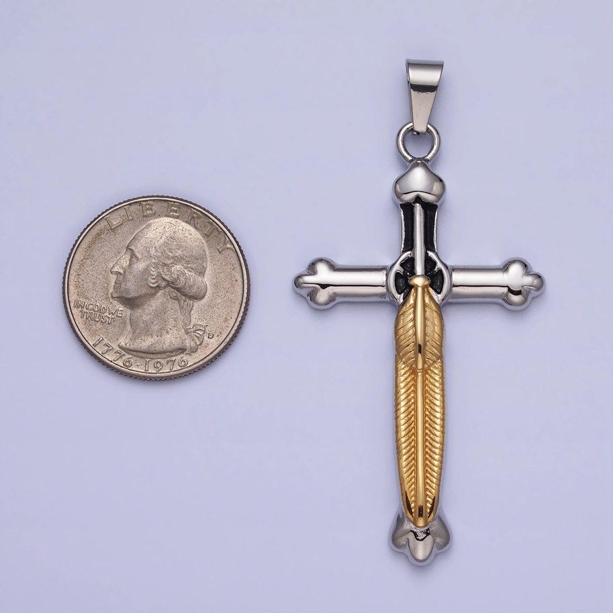 Stainless Steel Budded Buttony Feather 66mm Cross in Mixed Metal & Gold - DLUXCA