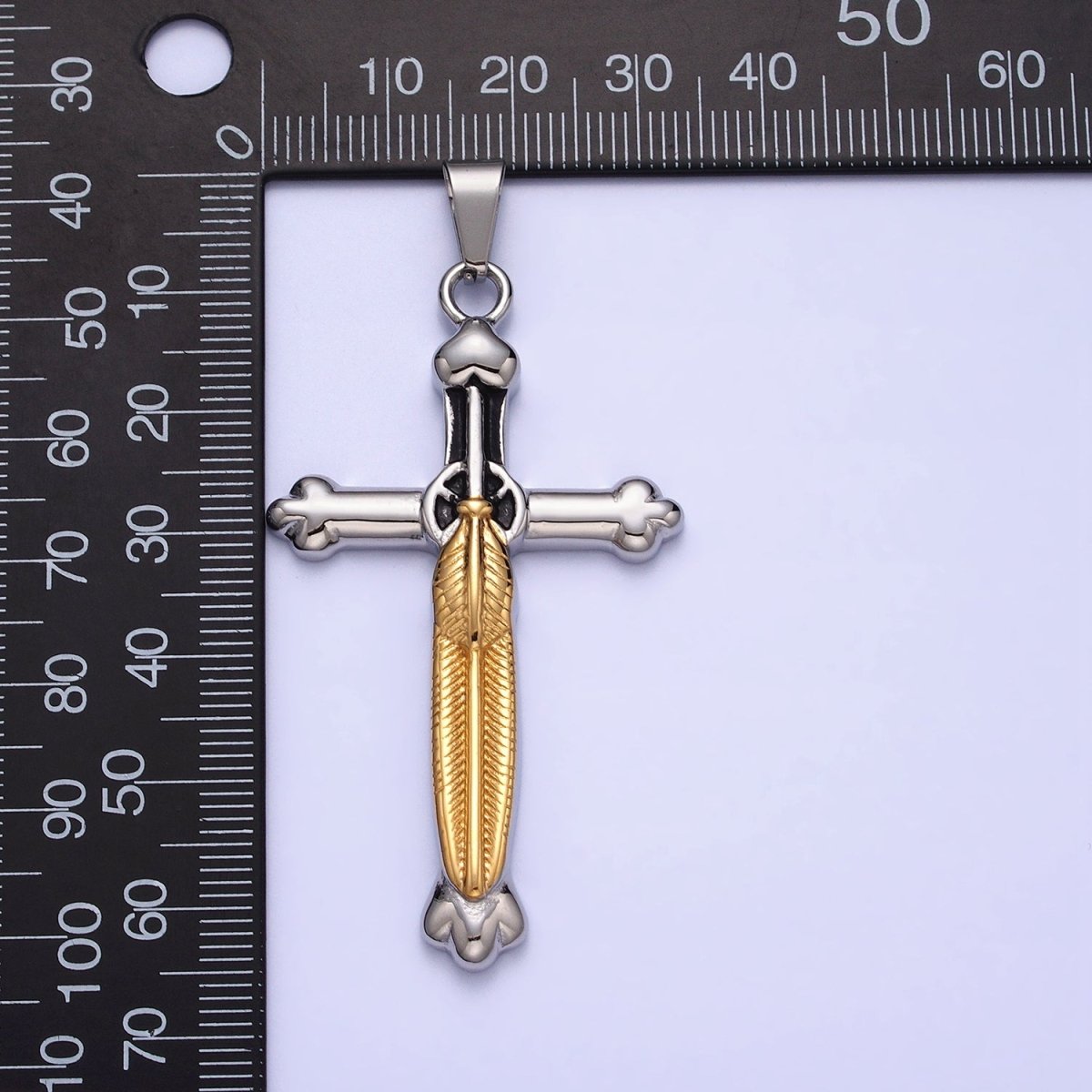 Stainless Steel Budded Buttony Feather 66mm Cross in Mixed Metal & Gold - DLUXCA