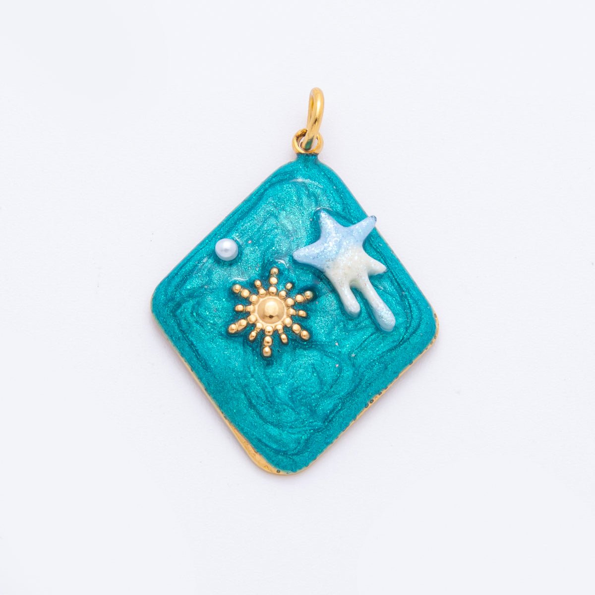 Stainless Steel Celestial Shooting Star Sun Blue Enamel Rhombus Charm | J454 - DLUXCA