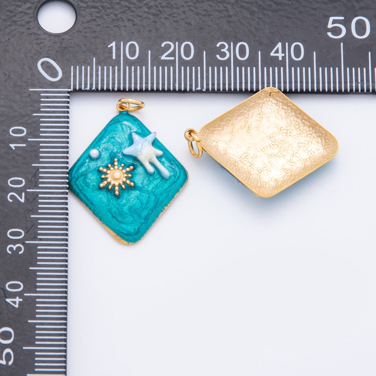 Stainless Steel Celestial Shooting Star Sun Blue Enamel Rhombus Charm | J454 - DLUXCA