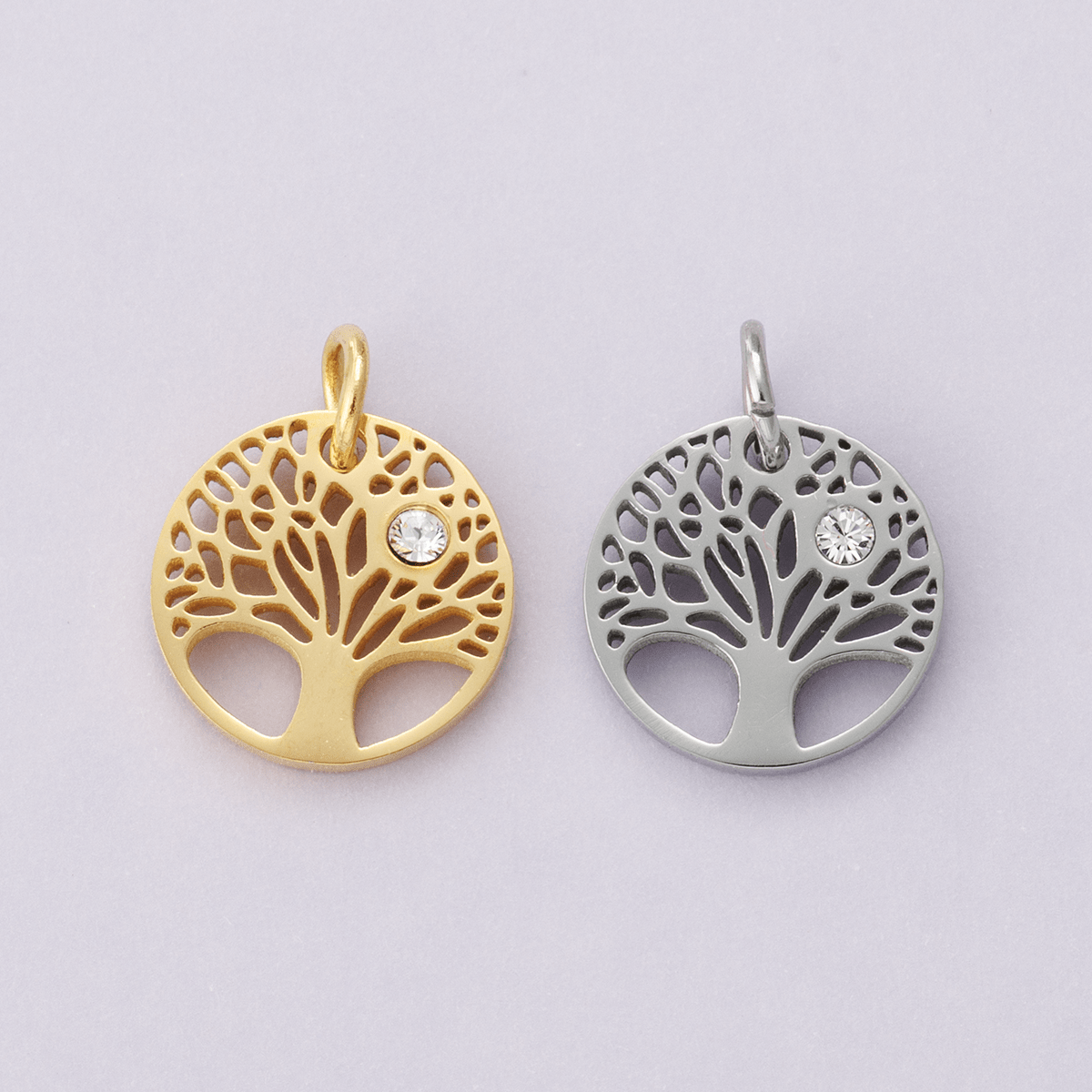 Stainless Steel Clear CZ Natural Tree Open Charm in Gold & Silver | E00631 - DLUXCA