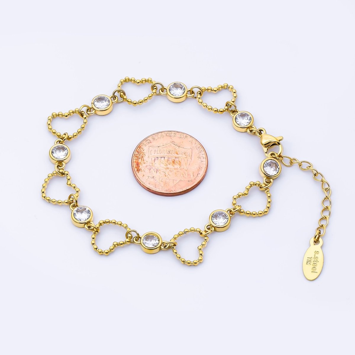 Stainless Steel Clear CZ Round Open Beaded Bubble Heart 6.5 Inch Bracelet | WA - 4009 - DLUXCA