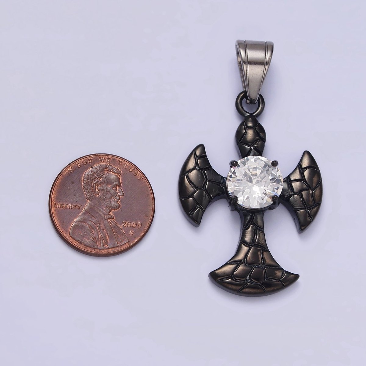 Stainless Steel Clear CZ Round Scaled Religious Pattee Cross Black Pendant | P - 807 - DLUXCA